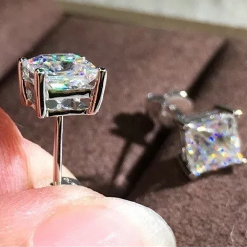 Silver Diamond Princess Cut Stud Earrings - Picture 5 of 6